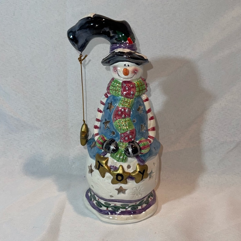 Festive Snowman Holiday Candle Holder with Blue and Green Accents